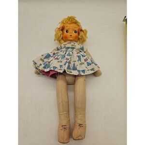 Vtg 1950s Cloth Sawdust Doll Celluloid Mask Hand Painted Face Jointed 13” Poland
